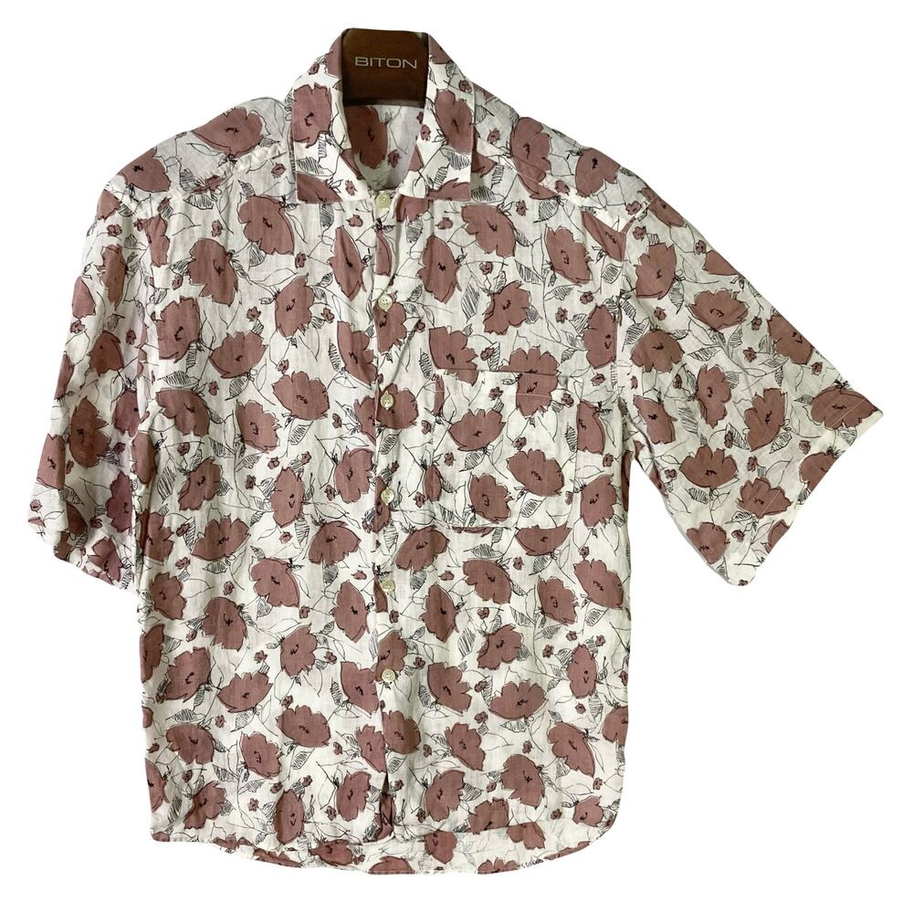 NWOT XACUS Shirt Men S ITALY Floral White Brown Linen?Pocket Button-Up Short-Slv
